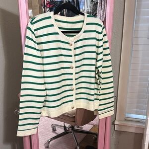 Elegant Green and Cream Striped Cardigan